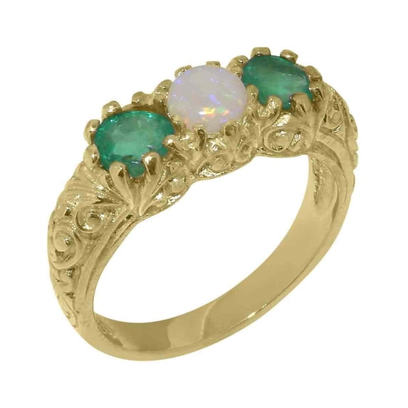 LBG British Made 14k Yellow Gold Natural Opal & Emerald Womens Anniversary Ring - 33 size options - Size 11.5