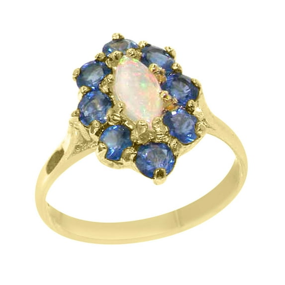 LBG British Made 14k Yellow Gold Natural Opal & Sapphire Womens Statement Ring - 33 size options - Size 10