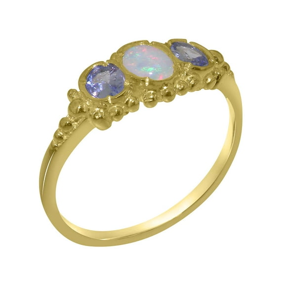 LBG British Made 14k Yellow Gold Natural Opal & Tanzanite Womens Anniversary Ring - 33 size options - Size 10