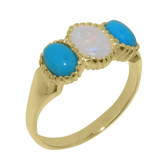 LBG British Made 14k Yellow Gold Natural Opal & Turquoise Womens Anniversary Ring - 33 size options - Size 12