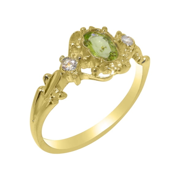 LBG British Made 14k Yellow Gold Natural Peridot & Diamond Womens Promise Ring - 33 size options - Size 4.25