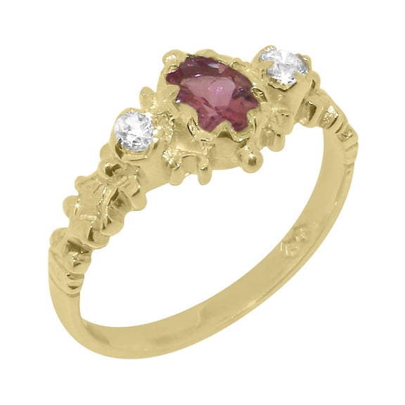 LBG British Made 14k Yellow Gold Natural Pink Tourmaline & Cubic Zirconia Womens Anniversary Ring - 33 size options - Size 10