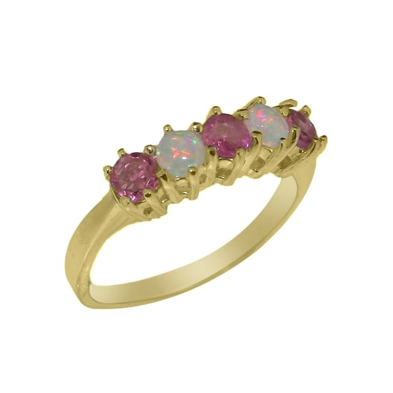 LBG British Made 14k Yellow Gold Natural Pink Tourmaline & Opal Womens Eternity Ring - 33 size options - Size 5.25