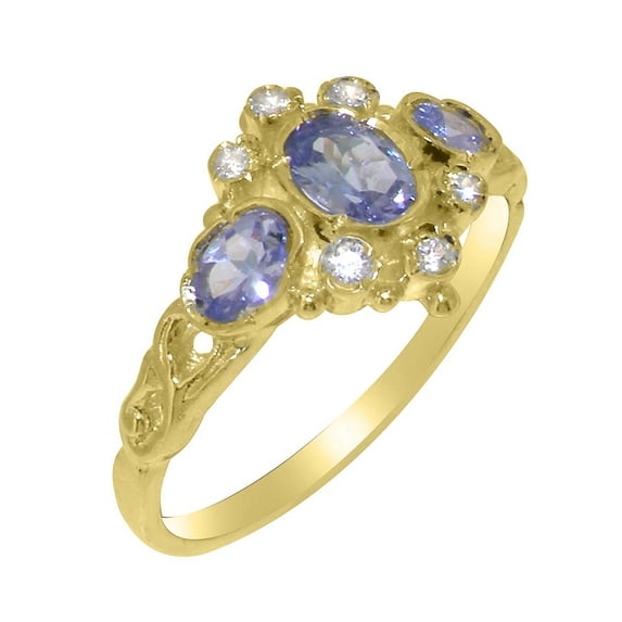 LBG British Made 14k Yellow Gold Natural Tanzanite & Diamond Womens Promise Ring - 33 size options - Size 7