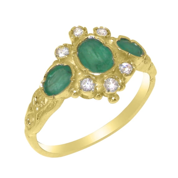 LBG British Made 14k Yellow Gold Real Genuine Emerald & Diamond Womens Promise Ring - 33 size options - Size 8.25