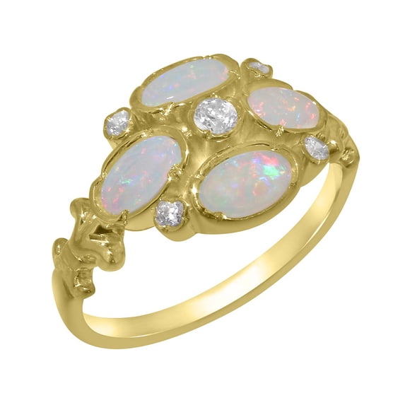 LBG British Made 14k Yellow Gold Ring with Natural Diamond & Opal Womens Statement Ring - 33 size options - Size 7.25