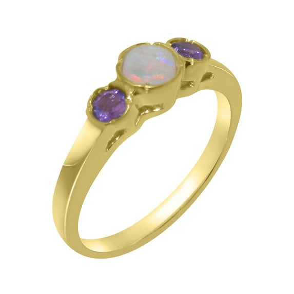 LBG British Made 14k Yellow Gold Ring with Natural Opal & Amethyst Womens Engagement Ring - 33 size options - Size 7.25