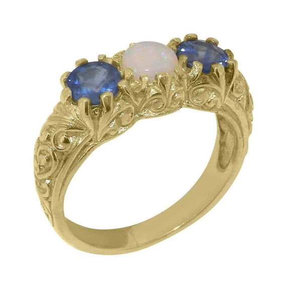 LBG British Made 14k Yellow Gold Ring with Natural Opal & Sapphire Womens Engagement Ring - 33 size options - Size 7.25