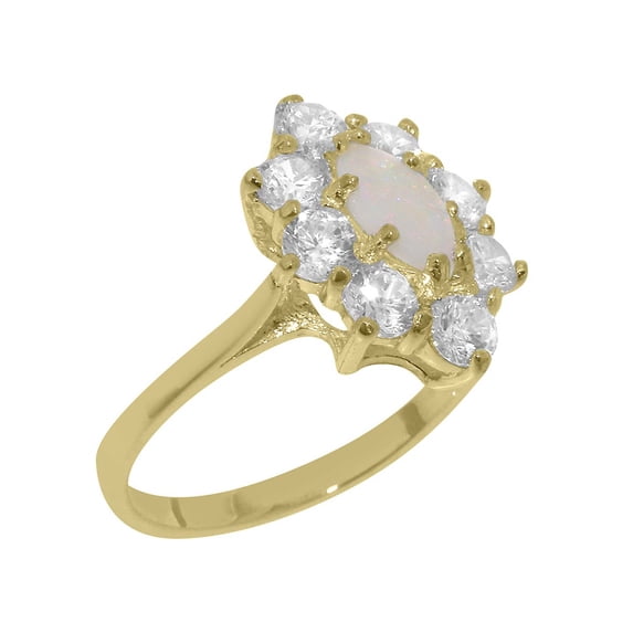 LBG British Made 14k Yellow Gold Womens Ring Natural Opal & Cubic Zirconia Statement Ring - 33 size options - Size 7.5