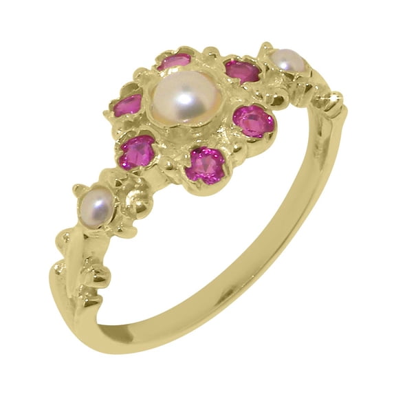 LBG British Made 14k Yellow Gold ring with Cultured Pearl & Ruby Womens Engagement Ring - 33 size options - Size 11