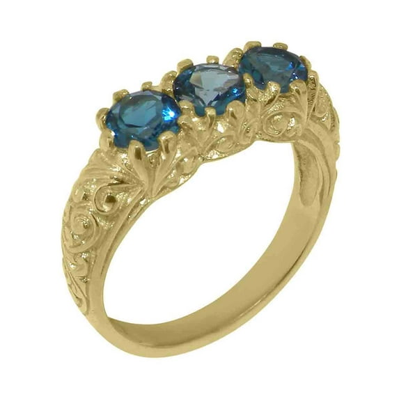 LBG British Made 14k Yellow Gold ring with Natural London Blue Topaz Womens Anniversary Ring - 33 size options - Size 11.25
