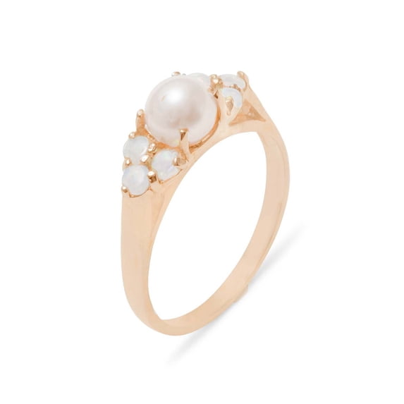 LBG British Made 18k Rose Gold Cultured Pearl & Opal Womens Cluster Ring - 33 size options - Size 5.75
