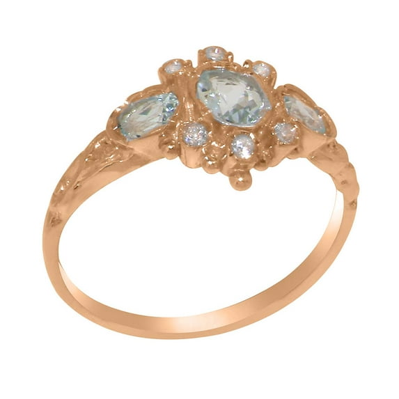 LBG British Made 18k Rose Gold Natural Aquamarine & Cubic Zirconia Womens Anniversary Ring - 33 size options - Size 5