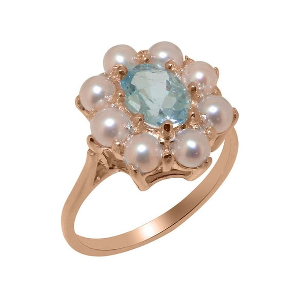 LBG British Made 18k Rose Gold Natural Aquamarine & Cultured Pearl Womens Engagement Ring - 33 size options - Size 8