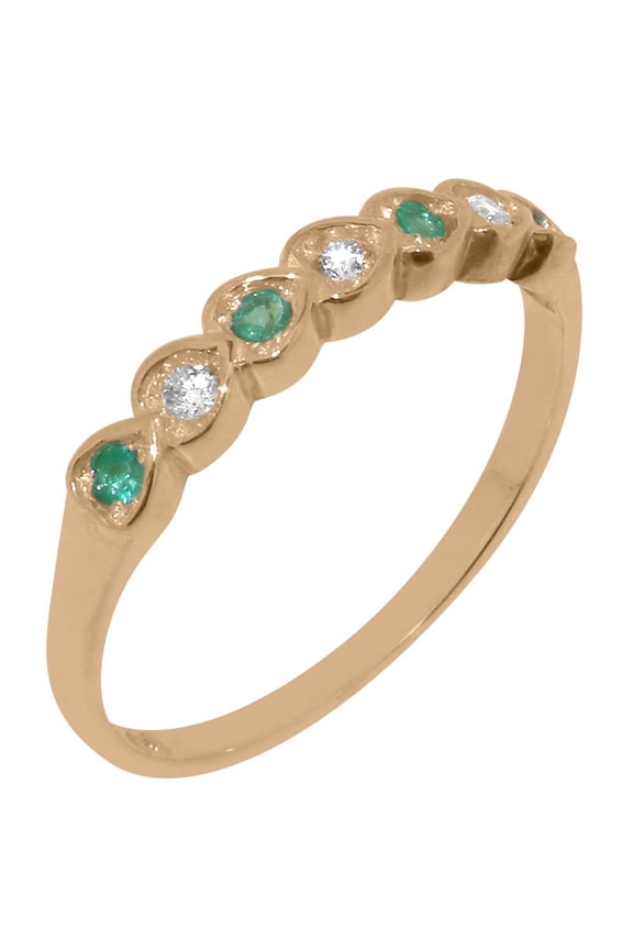LBG British Made 18k Rose Gold Natural Diamond & Emerald Womens Eternity Ring - 33 size options - Size 10