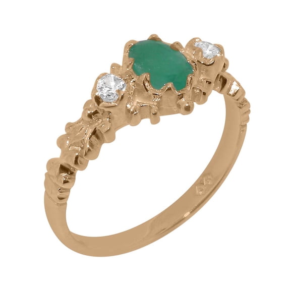 LBG British Made 18k Rose Gold Natural Emerald & Cubic Zirconia Womens Promise Ring - 33 size options - Size 10.75