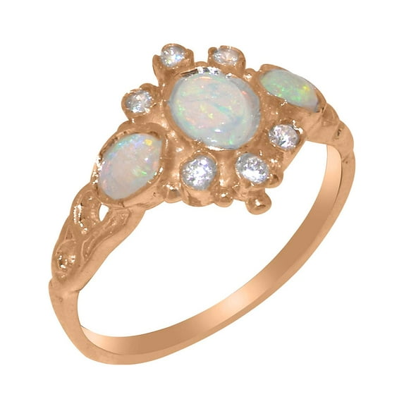 LBG British Made 18k Rose Gold Natural Opal & Cubic Zirconia Womens Statement Ring - 33 size options - Size 6.75