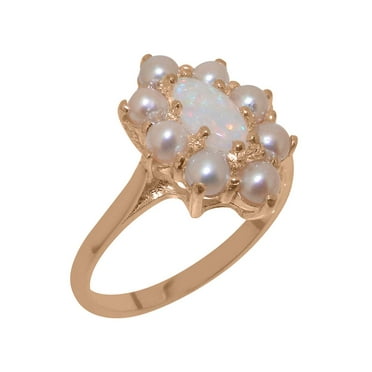 LBG British Made 18k Rose Gold Natural Opal & Cultured Pearl Womens Engagement Ring - 33 size options - Size 4.75
