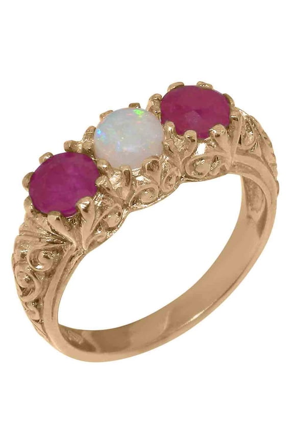 LBG British Made 18k Rose Gold Natural Opal & Ruby Womens Anniversary Ring - 33 size options - Size 8.75
