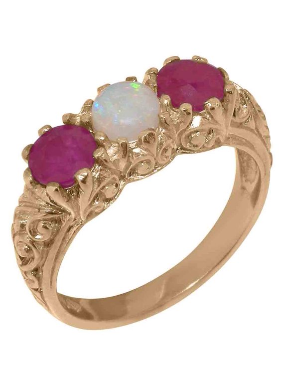 LBG British Made 18k Rose Gold Natural Opal & Ruby Womens Anniversary Ring - 33 size options - Size 8.75