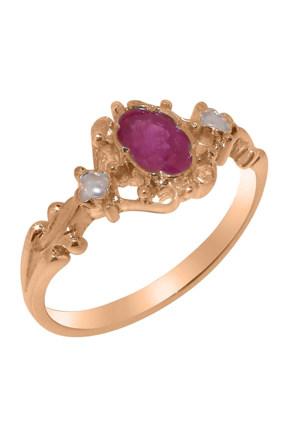 LBG British Made 18k Rose Gold Natural Ruby & Cultured Pearl Womens Anniversary Ring - 33 size options - Size 10