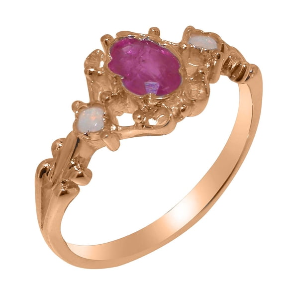 LBG British Made 18k Rose Gold Natural Ruby & Opal Womens Trilogy Ring - 33 size options - Size 5.25
