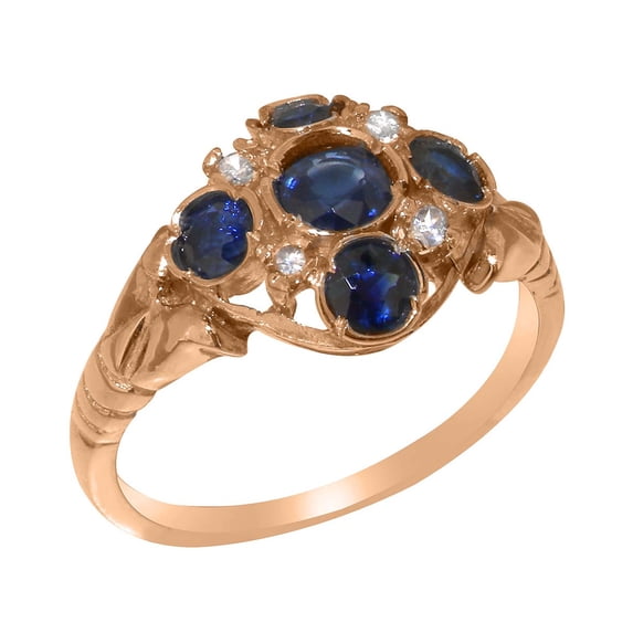 LBG British Made 18k Rose Gold Natural Sapphire & Cubic Zirconia Womens Statement Ring - 33 size options - Size 10