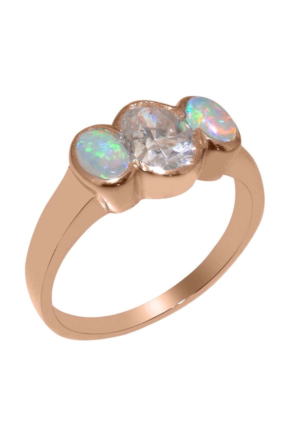 LBG British Made 18k Rose Gold Ring with Cubic Zirconia & Natural Opal Womens Engagement Ring - 33 size options - Size 7.25