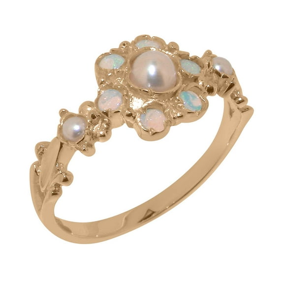 LBG British Made 18k Rose Gold ring with Cultured Pearl & Opal Womens Engagement Ring - 33 size options - Size 11