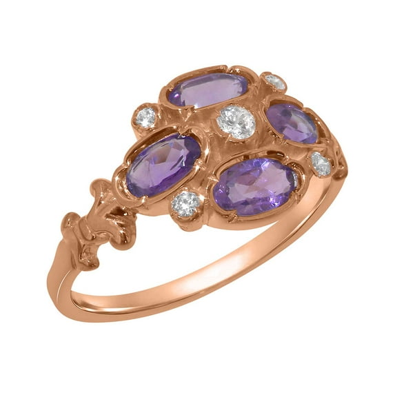 LBG British Made 18k Rose Gold ring with Natural Diamond & Amethyst Womens Statement Ring - 33 size options - Size 11