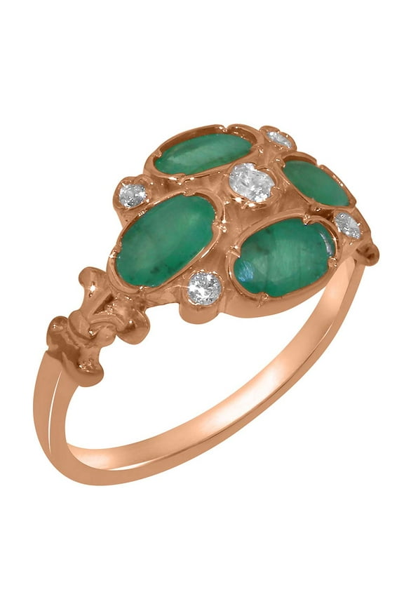 LBG British Made 18k Rose Gold ring with Natural Diamond & Emerald Womens Statement Ring - 33 size options - Size 11.25