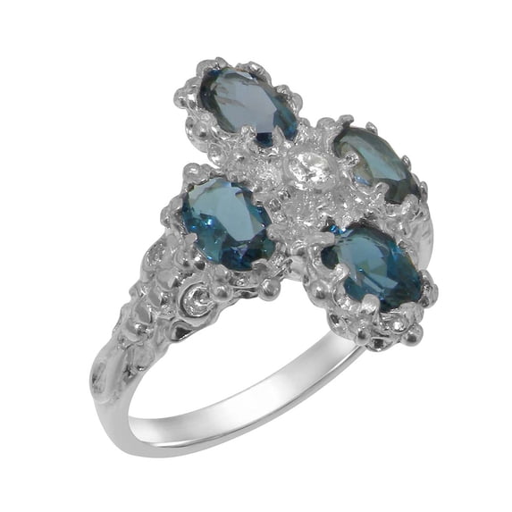 LBG British Made 18k White Gold Cubic Zirconia & London Blue Topaz Womens Statement Ring - 33 size options - Size 7.25