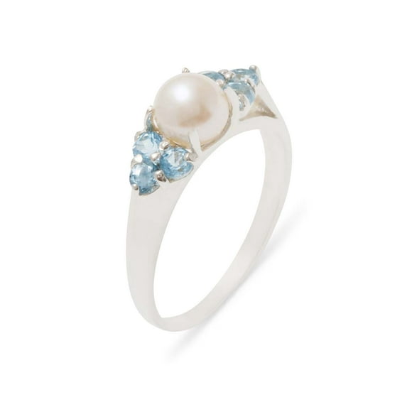 LBG British Made 18k White Gold Cultured Pearl & Blue Topaz Womens Cluster Ring - 33 size options - Size 8.25