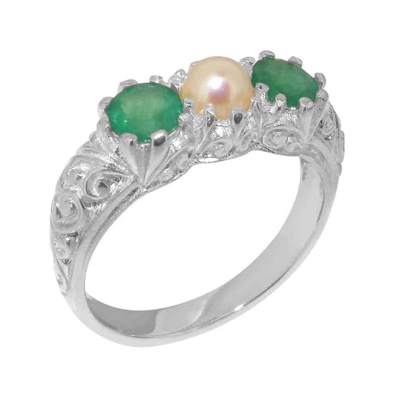 LBG British Made 18k White Gold Cultured Pearl & Emerald Womens Promise Ring - 33 size options - Size 5.75