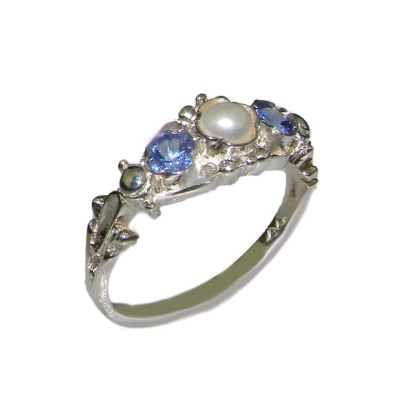 LBG British Made 18k White Gold Cultured Pearl & Tanzanite Womens Trilogy Ring - 33 size options - Sizes 4 to 12 Available