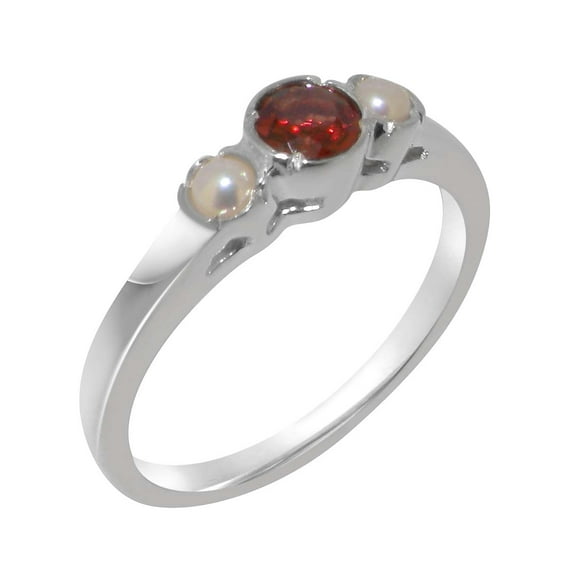 LBG British Made 18k White Gold Garnet & Cultured Pearl ring Womens Anniversary Ring - 33 size options - Size 11.75