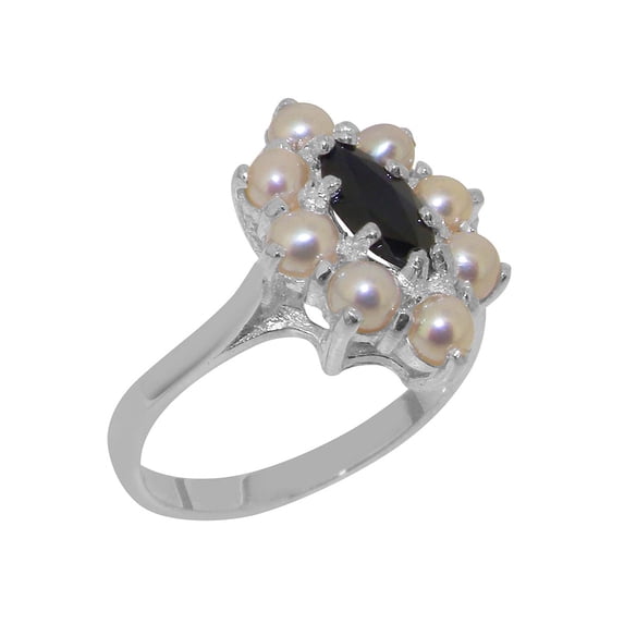 LBG British Made 18k White Gold Genuine Natural Sapphire & Cultured Pearl Womens Anniversary Ring - 33 size options - Size 5.5