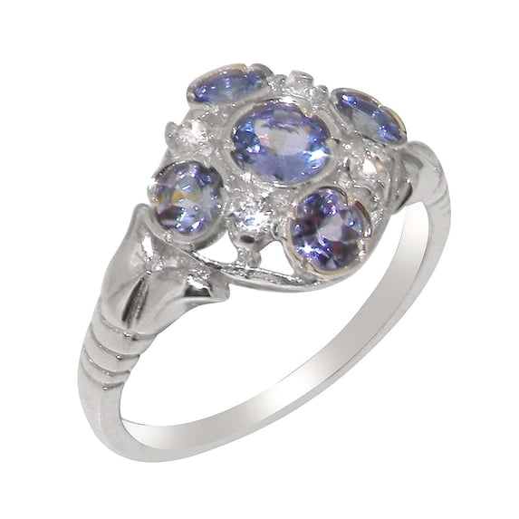 LBG British Made 18k White Gold Genuine Natural Tanzanite & Cubic Zirconia Womens Anniversary Ring - 33 size options - Size 5.5
