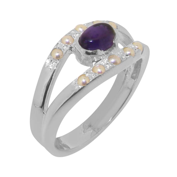 LBG British Made 18k White Gold Natural Amethyst & Cultured Pearl Womens Band Ring - 33 size options - Size 10.75