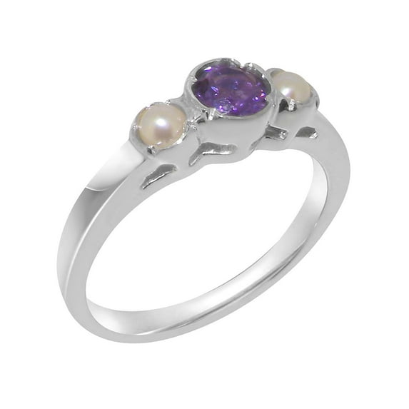 LBG British Made 18k White Gold Natural Amethyst & Cultured Pearl Womens Engagement Ring - 33 size options - Size 6