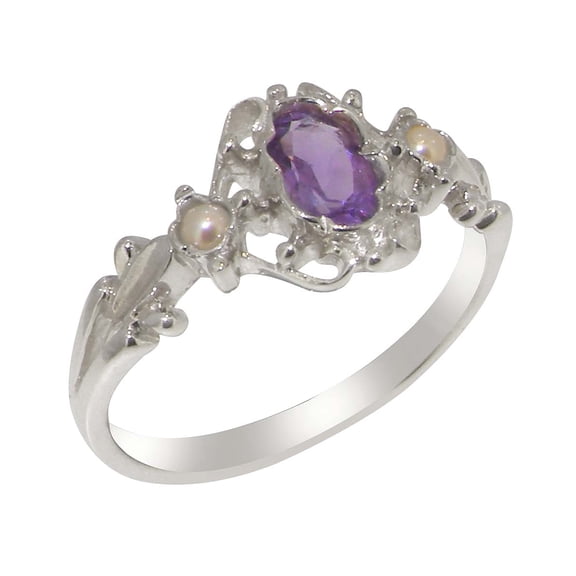 LBG British Made 18k White Gold Natural Amethyst & Cultured Pearl Womens Promise Ring - 33 size options - Size 10.75
