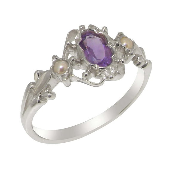LBG British Made 18k White Gold Natural Amethyst & Cultured Pearl Womens Promise Ring - 33 size options - Size 10.75