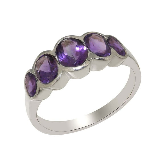 LBG British Made 18k White Gold Natural Amethyst Womens Band Ring - 33 size options - Size 6