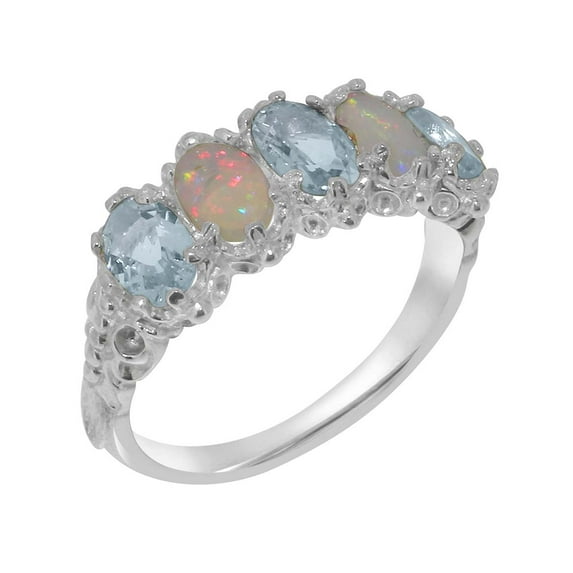 LBG British Made 18k White Gold Natural Aquamarine & Opal Womens Eternity Ring - 33 size options - Size 6