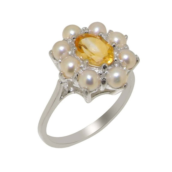 LBG British Made 18k White Gold Natural Citrine & Cultured Pearl Womens Engagement Ring - 33 size options - Size 8