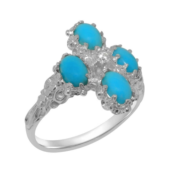 LBG British Made 18k White Gold Natural Diamond & Turquoise Womens Statement Ring - 33 size options - Size 7.25