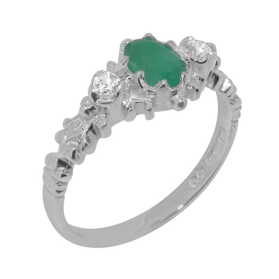 LBG British Made 18k White Gold Natural Emerald & Diamond Womens Anniversary Ring - 33 size options - Size 10