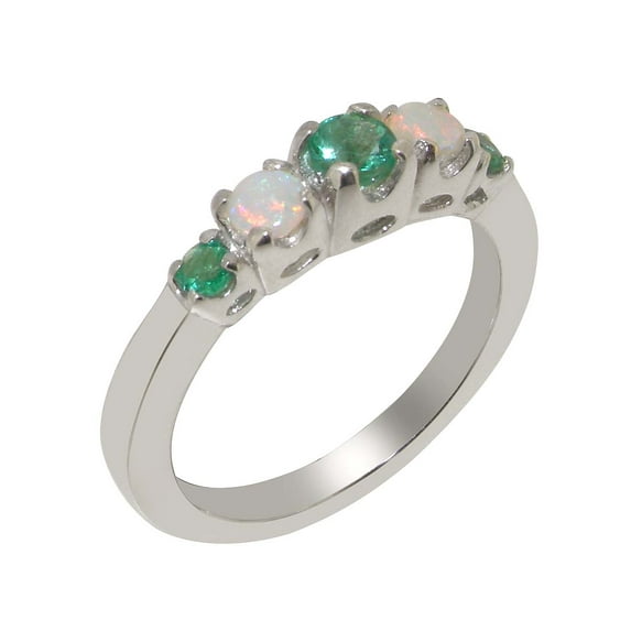LBG British Made 18k White Gold Natural Emerald & Opal Womens band Ring - 33 size options - Size 5