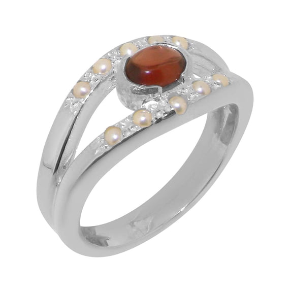 LBG British Made 18k White Gold Natural Garnet & Cultured Pearl Womens Band Ring - 33 size options - Size 10