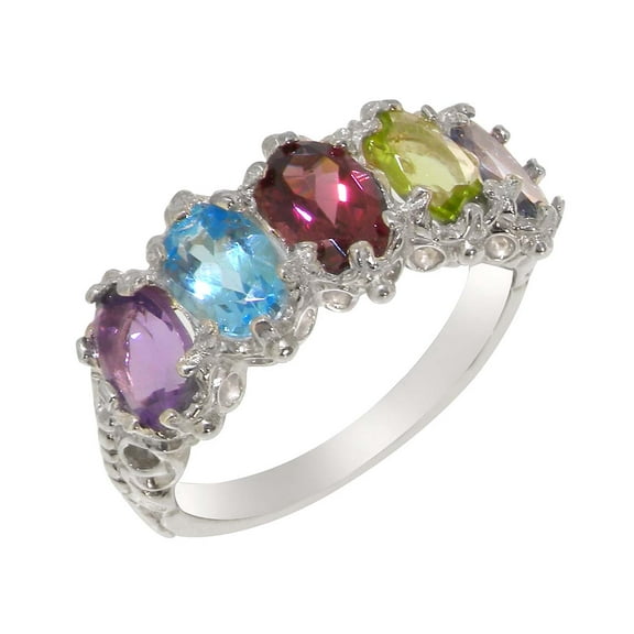 LBG British Made 18k White Gold Natural Multi Gemstone Womens Eternity Ring - 33 size options - Size 9.25